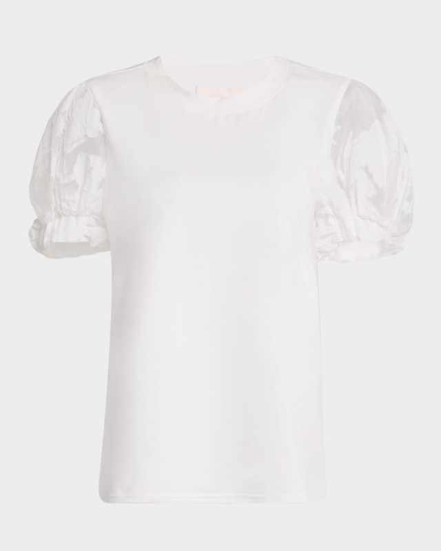 Yashi Floral Organza Puff-Sleeve Top